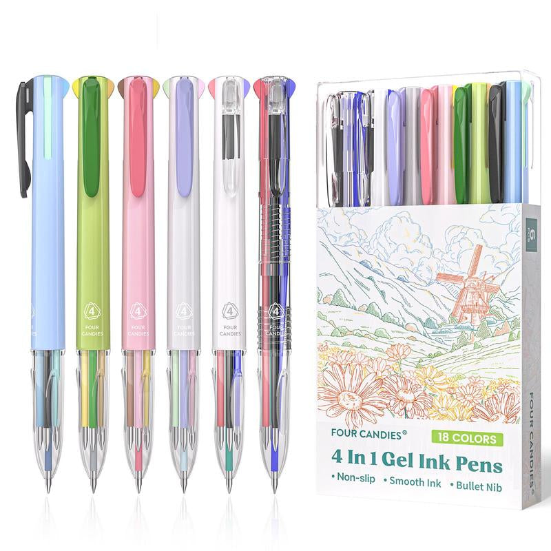 Four Candies 12PCS Pastel Gel Ink Pen Set with Case, Cute Retractable 0.5Mm Fine Point 11PCS Black Ink Pens with 1PCS Highlighter, Aesthetic Pens for School, Student Note Taking, Writing, Office Supplies