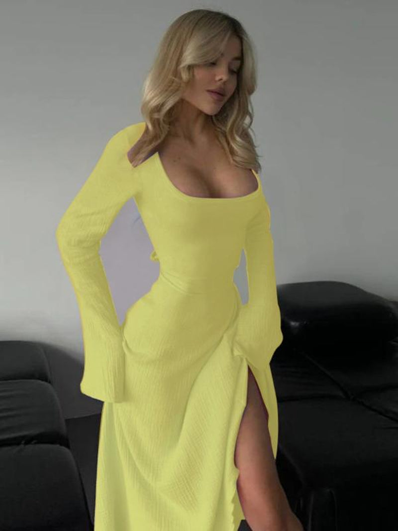 Women'S Plain Lace up Tie Back Flounce Sleeve Dress, 1 Count Elegant Square Neck Long Sleeve a Line Dress for Formal Party Holiday Wedding Guest, Ladies Fall & Winter Clothes