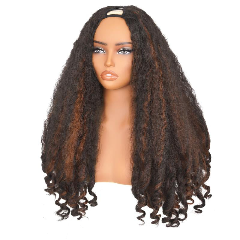 New Afro V Part with Curly in the End Wig Kinky Synthetic Hair Texture with Unique Bouncy Curls in the End 20 Inch Soft Curly Full Hair V Part Wigs Synthetic for Black Women No Leave Out Clip in Half Wig