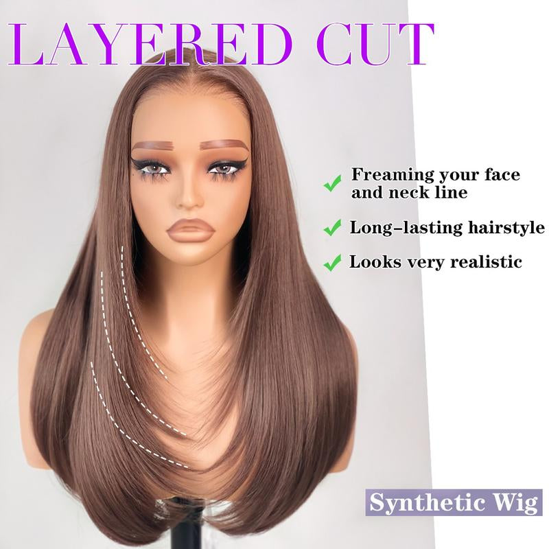 Ua Hair Glueless Synthetic Layered Cut 9X7 Lace Front Wig Wear and Go Pre Plucked Pre Cut Straight Wig Vivid Self Growing Clean Hairline with Tiny Knots Heat Resistant Premium Fiber