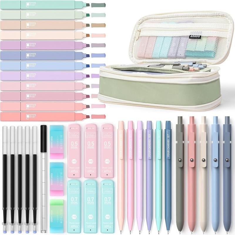 Four Candies 12PCS Pastel Gel Ink Pen Set with Case, Cute Retractable 0.5Mm Fine Point 11PCS Black Ink Pens with 1PCS Highlighter, Aesthetic Pens for School, Student Note Taking, Writing, Office Supplies
