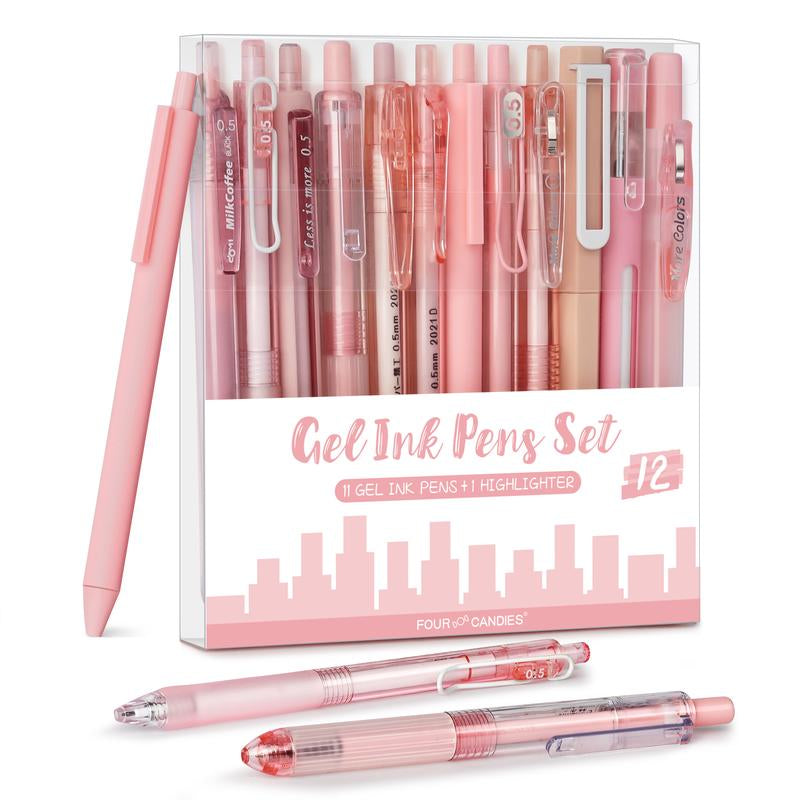 Four Candies 12PCS Pastel Gel Ink Pen Set with Case, Cute Retractable 0.5Mm Fine Point 11PCS Black Ink Pens with 1PCS Highlighter, Aesthetic Pens for School, Student Note Taking, Writing, Office Supplies