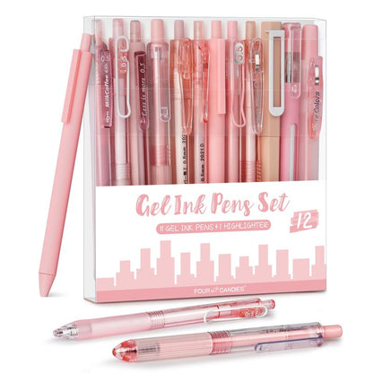 Four Candies 12PCS Pastel Gel Ink Pen Set with Case, Cute Retractable 0.5Mm Fine Point 11PCS Black Ink Pens with 1PCS Highlighter, Aesthetic Pens for School, Student Note Taking, Writing, Office Supplies