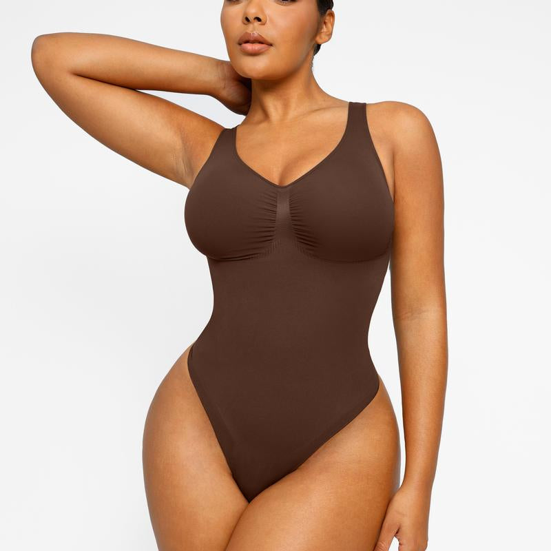 Shapellx Seamless One-Piece Tummy Tucking Bodysuit Comfort Sleeveless Tops Shapewear for Women Soft V Neck Simple Comfy Sculpting Snatched Waistline