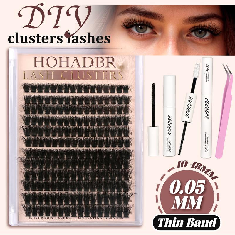 HOHADBR Fairy Lash Clusters Kit Natural Individual Lashes Wispy Eyelash Extensions 10-16Mm Lash Extension Kit Lash Bond and Seal Waterproof, Lash Applicator, Thick False Eyelashes Kit