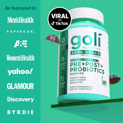 Goli Zero Sugar World'S First 3-In-1 Pre, Post, Probiotic Gummies - Gluten Free, Vegan, Non-Gmo, & Gelatin-Free.