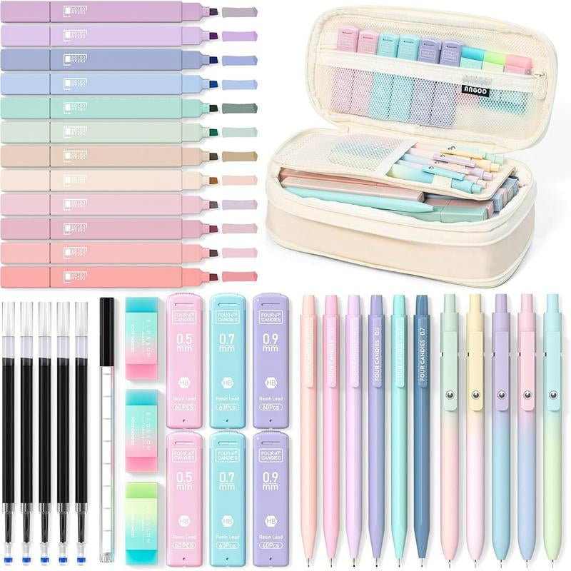 Four Candies 12PCS Pastel Gel Ink Pen Set with Case, Cute Retractable 0.5Mm Fine Point 11PCS Black Ink Pens with 1PCS Highlighter, Aesthetic Pens for School, Student Note Taking, Writing, Office Supplies