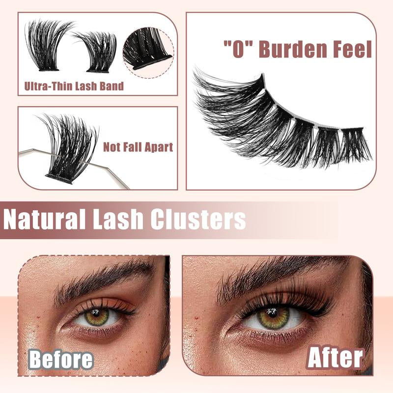 HOHADBR Fairy Lash Clusters Kit Natural Individual Lashes Wispy Eyelash Extensions 10-16Mm Lash Extension Kit Lash Bond and Seal Waterproof, Lash Applicator, Thick False Eyelashes Kit