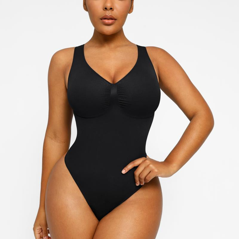 Shapellx Seamless One-Piece Tummy Tucking Bodysuit Comfort Sleeveless Tops Shapewear for Women Soft V Neck Simple Comfy Sculpting Snatched Waistline