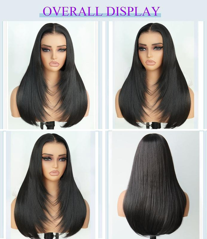 Ua Hair Glueless Synthetic Layered Cut 9X7 Lace Front Wig Wear and Go Pre Plucked Pre Cut Straight Wig Vivid Self Growing Clean Hairline with Tiny Knots Heat Resistant Premium Fiber