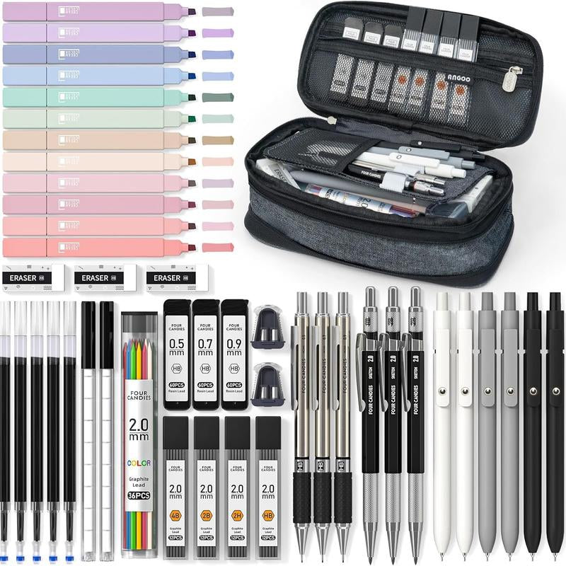 Four Candies 12PCS Pastel Gel Ink Pen Set with Case, Cute Retractable 0.5Mm Fine Point 11PCS Black Ink Pens with 1PCS Highlighter, Aesthetic Pens for School, Student Note Taking, Writing, Office Supplies