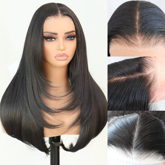 Ua Hair Glueless Synthetic Layered Cut 9X7 Lace Front Wig Wear and Go Pre Plucked Pre Cut Straight Wig Vivid Self Growing Clean Hairline with Tiny Knots Heat Resistant Premium Fiber