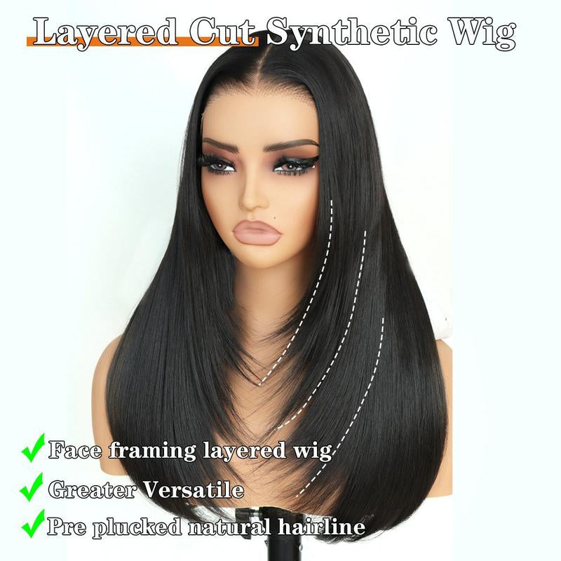 Ua Hair Glueless Synthetic Layered Cut 9X7 Lace Front Wig Wear and Go Pre Plucked Pre Cut Straight Wig Vivid Self Growing Clean Hairline with Tiny Knots Heat Resistant Premium Fiber