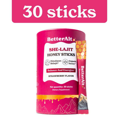Women Multi-Mineral Honey Sticks | Betteralt She-Lajit Strawberry Flavor | Shilajit, Shatavari & Saffron | Hormonal Balance & Energy - 30 Honey Packs