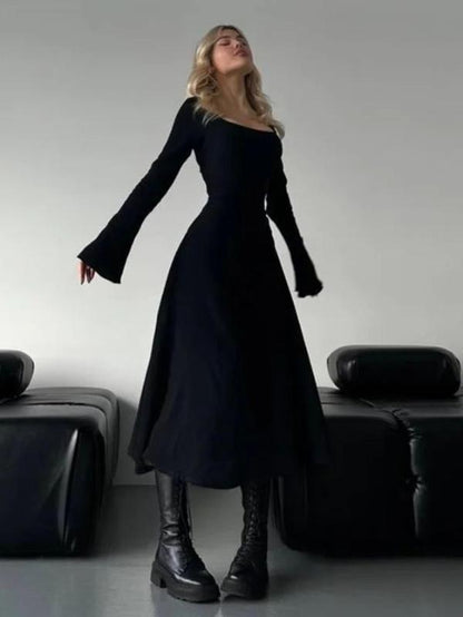 Women'S Plain Lace up Tie Back Flounce Sleeve Dress, 1 Count Elegant Square Neck Long Sleeve a Line Dress for Formal Party Holiday Wedding Guest, Ladies Fall & Winter Clothes