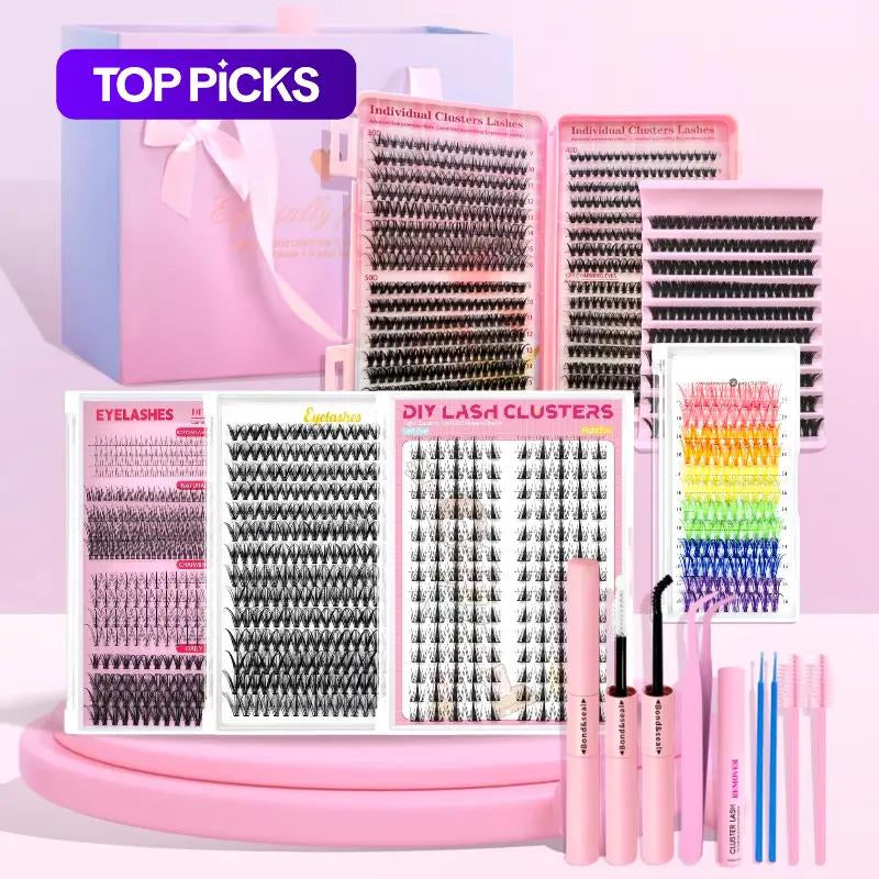 Individual False Eyelashes with Tools, 1 Set DIY Eyelash Extensions Includes Natural to Thick Styles, Self Grafting Curl Cluster Lashes Kit, Volume False Eyelashes for Eye Makeup Enhancement, Cosmetic Accessories Gift Set #TOP PICKS