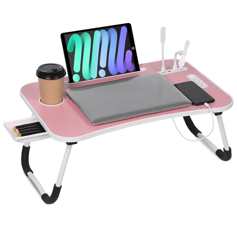 Laptop Bed Desk, Portable Foldable Laptop Table, Lap Desk Tray Table with 4 USB Ports, Storage Drawer and Cup Holder, for Bed/Couch Working, Reading