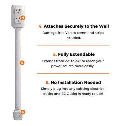 EZ Outlet Electrical Outlet Extender with USB-A USB-C & 2 AC Outlets Extendable 22-34" Rotatable 180° for Couches Desks Nightstands