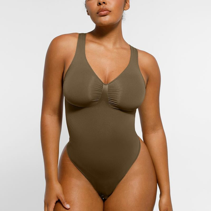 Shapellx Seamless One-Piece Tummy Tucking Bodysuit Comfort Sleeveless Tops Shapewear for Women Soft V Neck Simple Comfy Sculpting Snatched Waistline