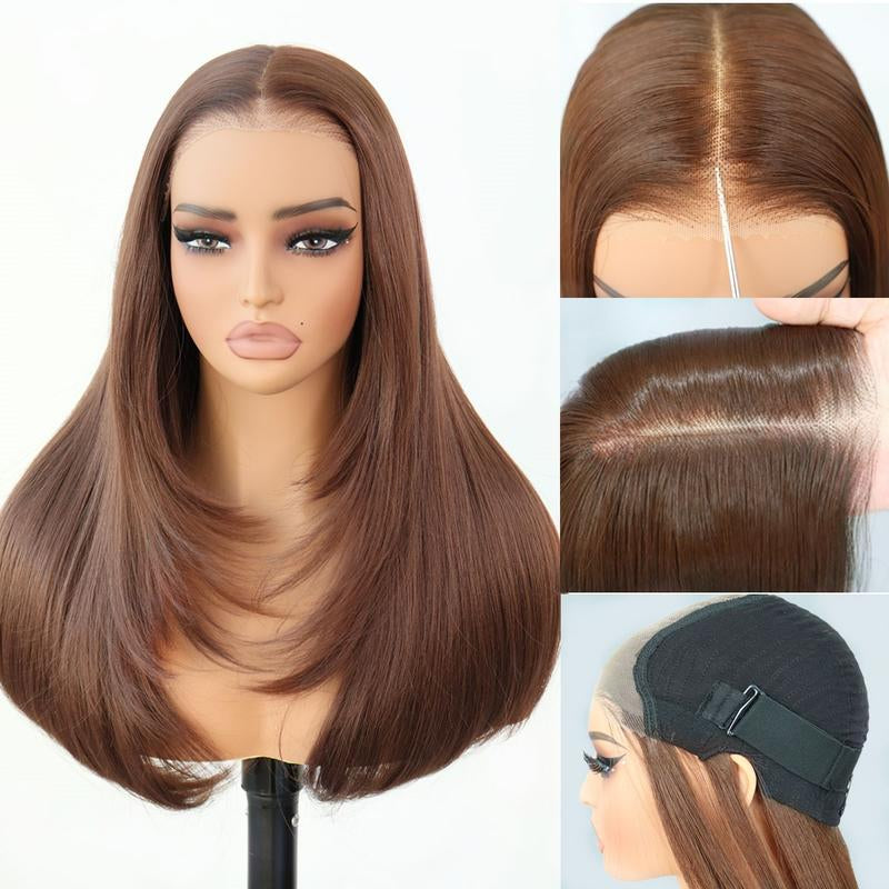 Ua Hair Glueless Synthetic Layered Cut 9X7 Lace Front Wig Wear and Go Pre Plucked Pre Cut Straight Wig Vivid Self Growing Clean Hairline with Tiny Knots Heat Resistant Premium Fiber