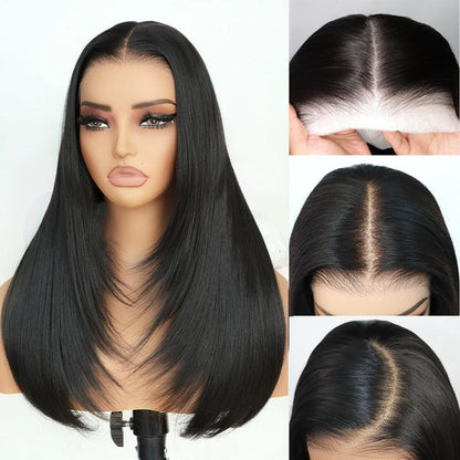 Ua Hair Glueless Synthetic Layered Cut 9X7 Lace Front Wig Wear and Go Pre Plucked Pre Cut Straight Wig Vivid Self Growing Clean Hairline with Tiny Knots Heat Resistant Premium Fiber