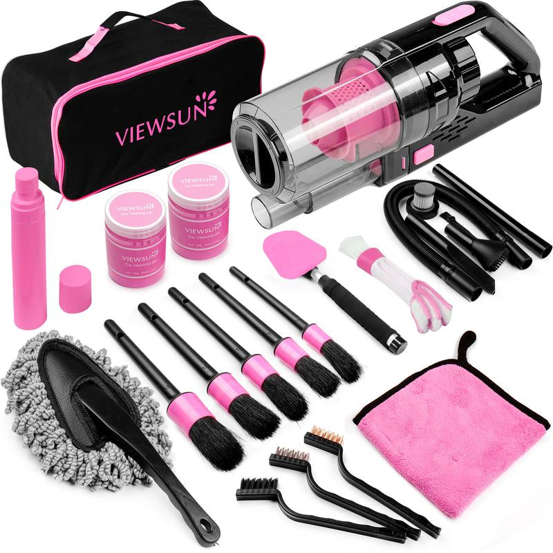 Viewsun 17Pcs Car Cleaning Kit, Pink Car Interior Detailing Kit with High Power Handheld Vacuum, Detailing Brush Set, Windshield Cleaner, Cleaning Gel, Complete Auto Accessories for Women Gift