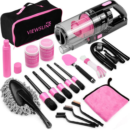 Viewsun 17Pcs Car Cleaning Kit, Pink Car Interior Detailing Kit with High Power Handheld Vacuum, Detailing Brush Set, Windshield Cleaner, Cleaning Gel, Complete Auto Accessories for Women Gift