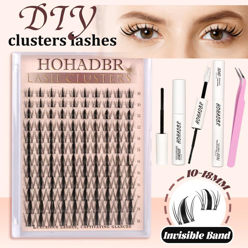 HOHADBR Fairy Lash Clusters Kit Natural Individual Lashes Wispy Eyelash Extensions 10-16Mm Lash Extension Kit Lash Bond and Seal Waterproof, Lash Applicator, Thick False Eyelashes Kit