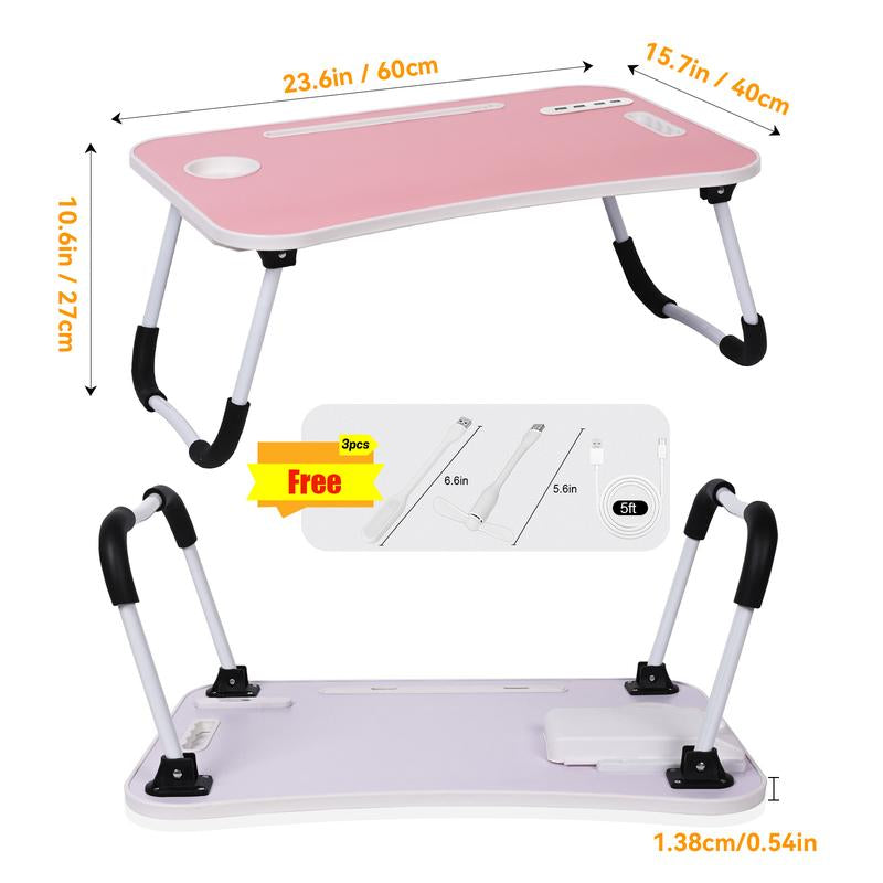 Laptop Bed Desk, Portable Foldable Laptop Table, Lap Desk Tray Table with 4 USB Ports, Storage Drawer and Cup Holder, for Bed/Couch Working, Reading