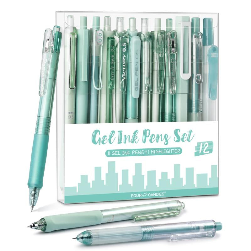 Four Candies 12PCS Pastel Gel Ink Pen Set with Case, Cute Retractable 0.5Mm Fine Point 11PCS Black Ink Pens with 1PCS Highlighter, Aesthetic Pens for School, Student Note Taking, Writing, Office Supplies