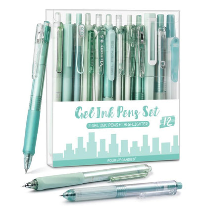 Four Candies 12PCS Pastel Gel Ink Pen Set with Case, Cute Retractable 0.5Mm Fine Point 11PCS Black Ink Pens with 1PCS Highlighter, Aesthetic Pens for School, Student Note Taking, Writing, Office Supplies