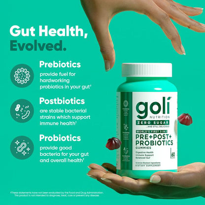 Goli Zero Sugar World'S First 3-In-1 Pre, Post, Probiotic Gummies - Gluten Free, Vegan, Non-Gmo, & Gelatin-Free.
