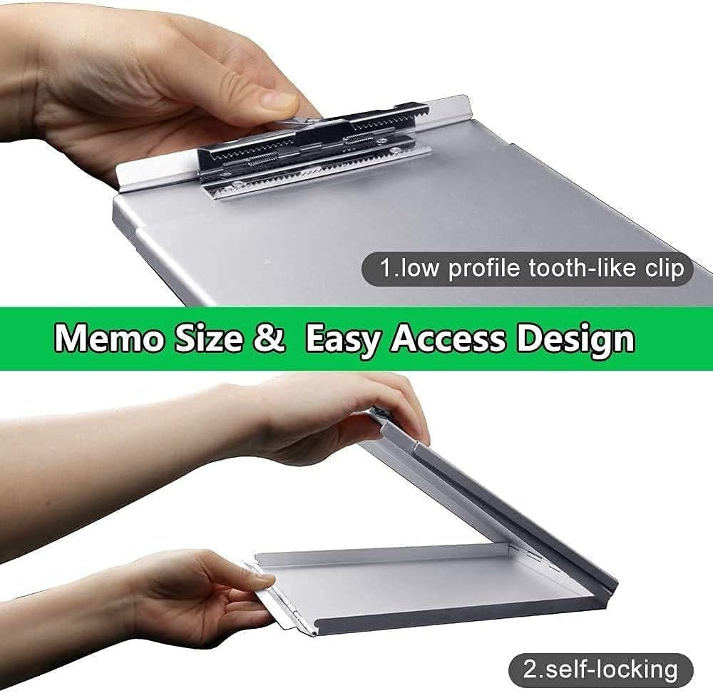 Aluminum Clipboard with Storage(Memo Size), Recycled Metal Form Holder Binder Fits Paper Size up to 5.66 X 9.5 Inches, A5 Size