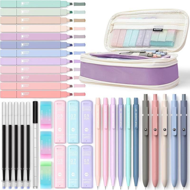Four Candies 12PCS Pastel Gel Ink Pen Set with Case, Cute Retractable 0.5Mm Fine Point 11PCS Black Ink Pens with 1PCS Highlighter, Aesthetic Pens for School, Student Note Taking, Writing, Office Supplies