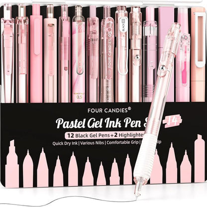 Four Candies 12PCS Pastel Gel Ink Pen Set with Case, Cute Retractable 0.5Mm Fine Point 11PCS Black Ink Pens with 1PCS Highlighter, Aesthetic Pens for School, Student Note Taking, Writing, Office Supplies