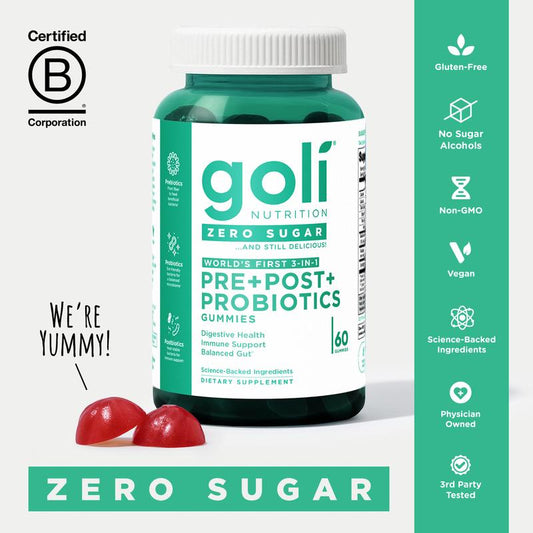Goli Zero Sugar World'S First 3-In-1 Pre, Post, Probiotic Gummies - Gluten Free, Vegan, Non-Gmo, & Gelatin-Free.