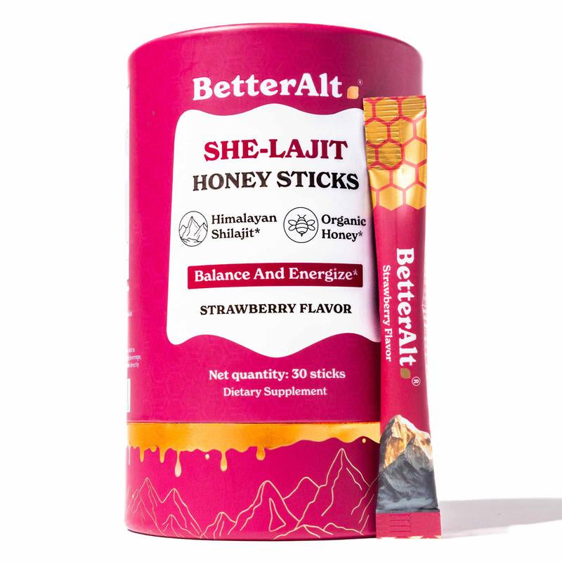 Women Multi-Mineral Honey Sticks | Betteralt She-Lajit Strawberry Flavor | Shilajit, Shatavari & Saffron | Hormonal Balance & Energy - 30 Honey Packs