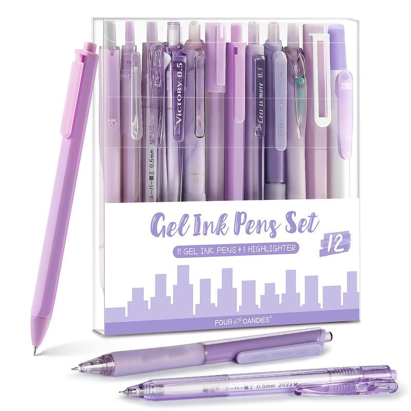 Four Candies 12PCS Pastel Gel Ink Pen Set with Case, Cute Retractable 0.5Mm Fine Point 11PCS Black Ink Pens with 1PCS Highlighter, Aesthetic Pens for School, Student Note Taking, Writing, Office Supplies