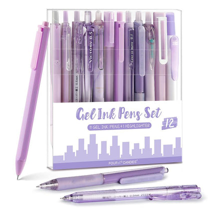 Four Candies 12PCS Pastel Gel Ink Pen Set with Case, Cute Retractable 0.5Mm Fine Point 11PCS Black Ink Pens with 1PCS Highlighter, Aesthetic Pens for School, Student Note Taking, Writing, Office Supplies