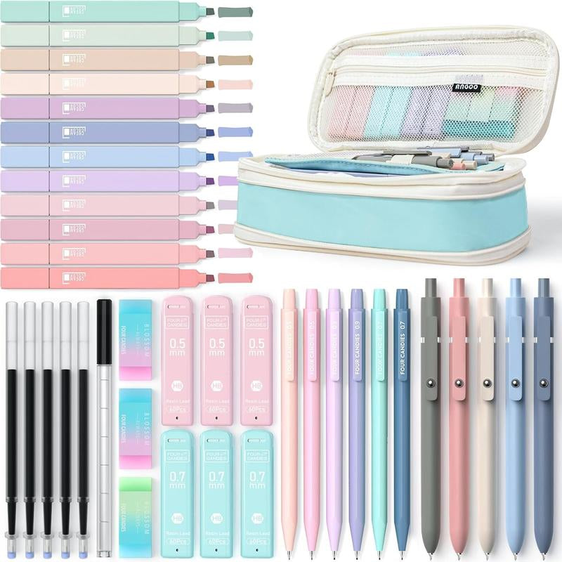 Four Candies 12PCS Pastel Gel Ink Pen Set with Case, Cute Retractable 0.5Mm Fine Point 11PCS Black Ink Pens with 1PCS Highlighter, Aesthetic Pens for School, Student Note Taking, Writing, Office Supplies