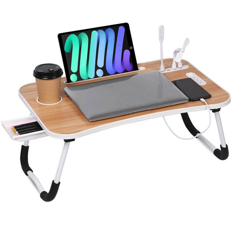 Laptop Bed Desk, Portable Foldable Laptop Table, Lap Desk Tray Table with 4 USB Ports, Storage Drawer and Cup Holder, for Bed/Couch Working, Reading