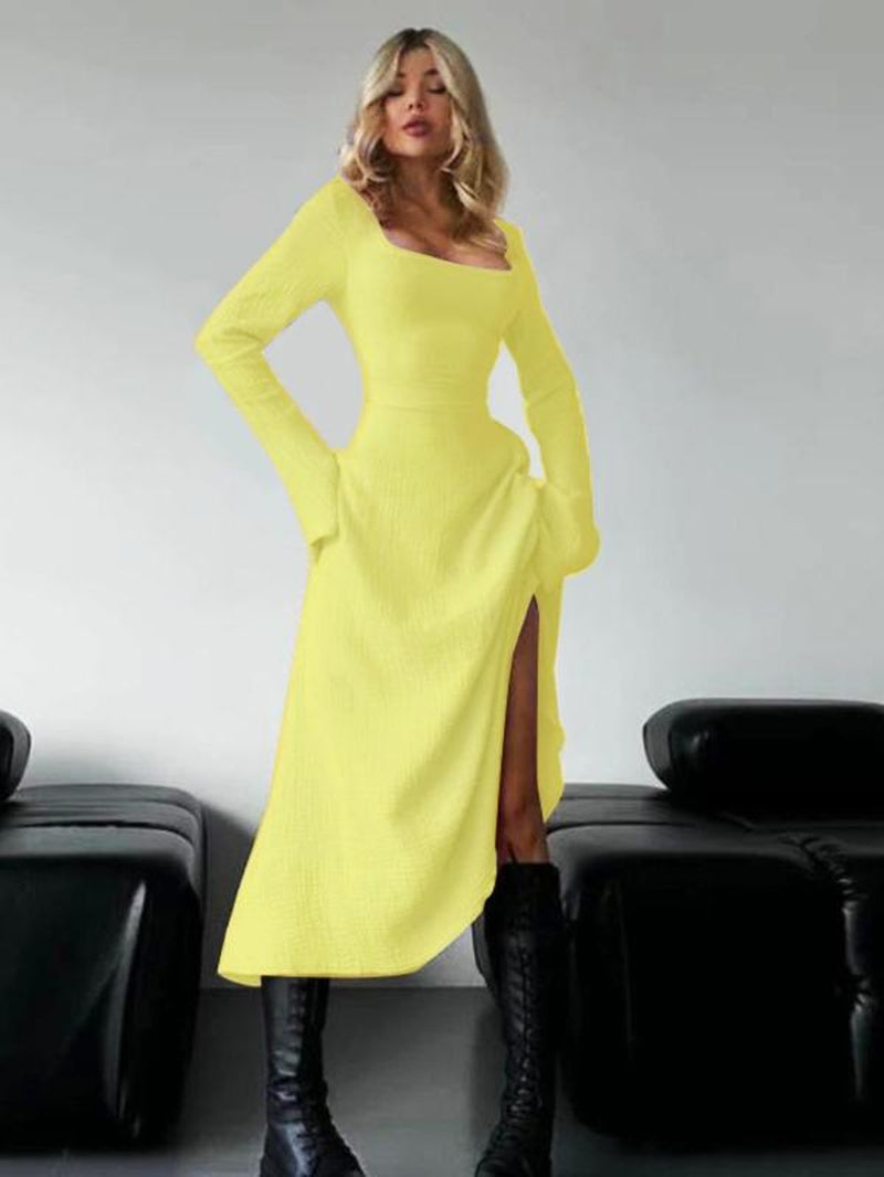 Women'S Plain Lace up Tie Back Flounce Sleeve Dress, 1 Count Elegant Square Neck Long Sleeve a Line Dress for Formal Party Holiday Wedding Guest, Ladies Fall & Winter Clothes