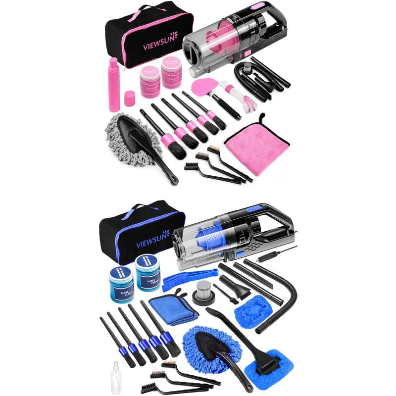Viewsun 17Pcs Car Cleaning Kit, Pink Car Interior Detailing Kit with High Power Handheld Vacuum, Detailing Brush Set, Windshield Cleaner, Cleaning Gel, Complete Auto Accessories for Women Gift