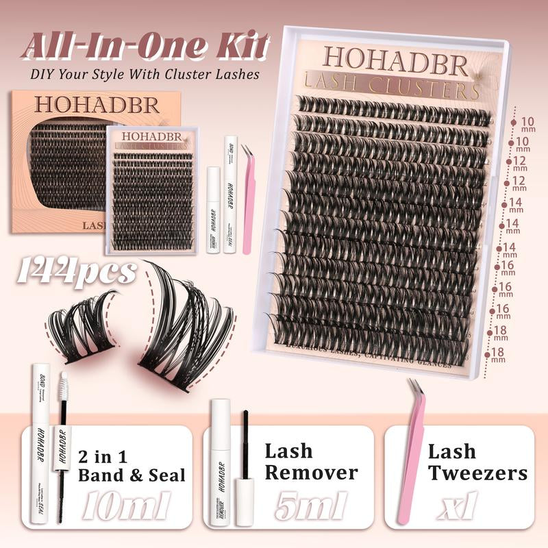 HOHADBR Fairy Lash Clusters Kit Natural Individual Lashes Wispy Eyelash Extensions 10-16Mm Lash Extension Kit Lash Bond and Seal Waterproof, Lash Applicator, Thick False Eyelashes Kit