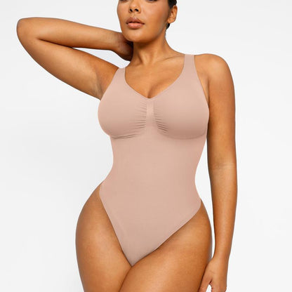 Shapellx Seamless One-Piece Tummy Tucking Bodysuit Comfort Sleeveless Tops Shapewear for Women Soft V Neck Simple Comfy Sculpting Snatched Waistline