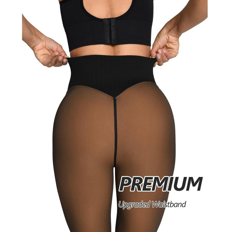 OUFALI One-Seam & 4 Shades Fleece Lined Tights Women Sheer Black Fleece Pantyhose Winter Warm Thermal Fake Translucent Leggings Closed Foot