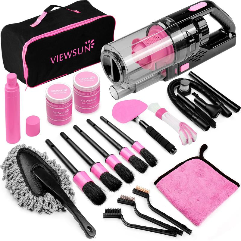 Viewsun 17Pcs Car Cleaning Kit, Pink Car Interior Detailing Kit with High Power Handheld Vacuum, Detailing Brush Set, Windshield Cleaner, Cleaning Gel, Complete Auto Accessories for Women Gift