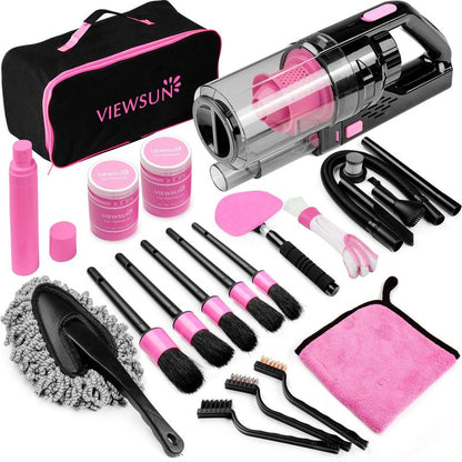 Viewsun 17Pcs Car Cleaning Kit, Pink Car Interior Detailing Kit with High Power Handheld Vacuum, Detailing Brush Set, Windshield Cleaner, Cleaning Gel, Complete Auto Accessories for Women Gift