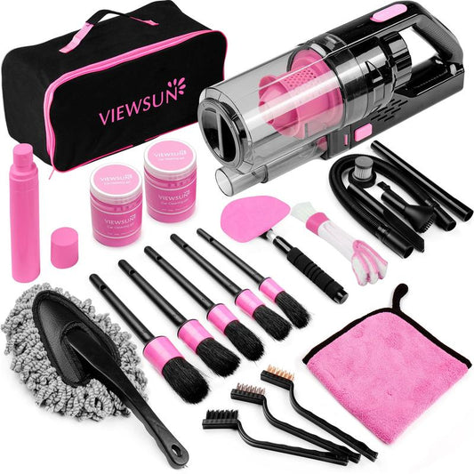 Viewsun 17Pcs Car Cleaning Kit, Pink Car Interior Detailing Kit with High Power Handheld Vacuum, Detailing Brush Set, Windshield Cleaner, Cleaning Gel, Complete Auto Accessories for Women Gift