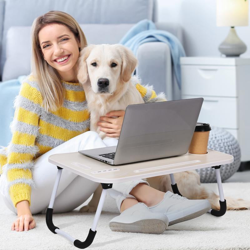 Laptop Bed Desk, Portable Foldable Laptop Table, Lap Desk Tray Table with 4 USB Ports, Storage Drawer and Cup Holder, for Bed/Couch Working, Reading